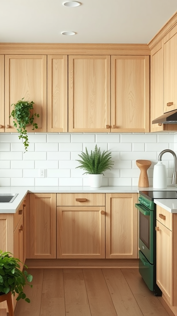 A kitchen featuring white oak cabinets and greenery for an eco-friendly look.