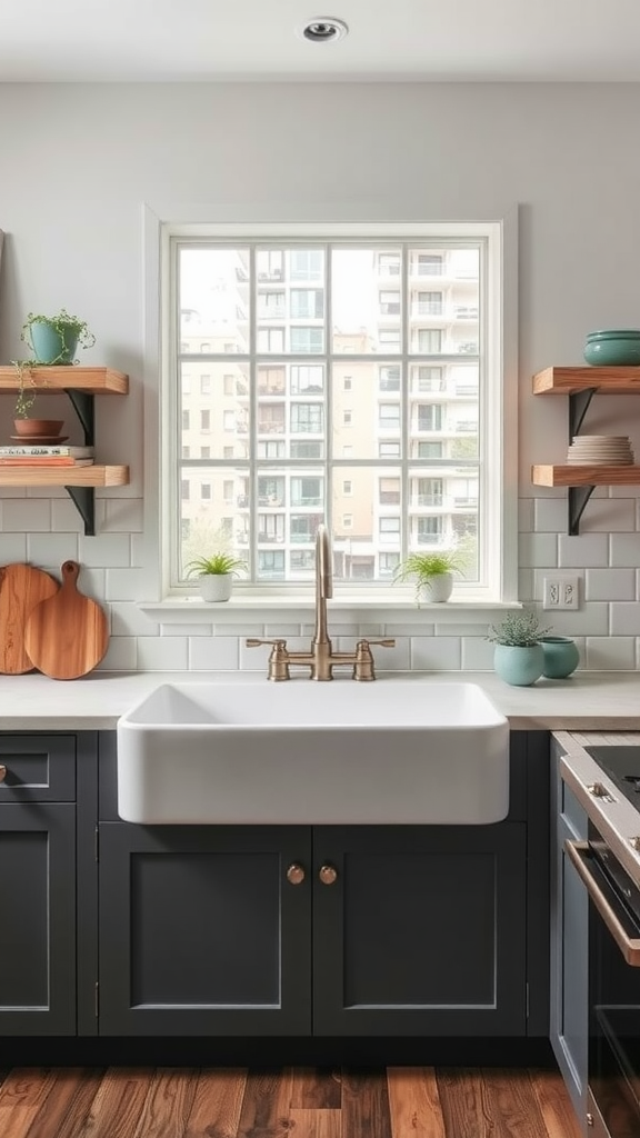 A modern farmhouse kitchen sink with natural wood accents and plants.