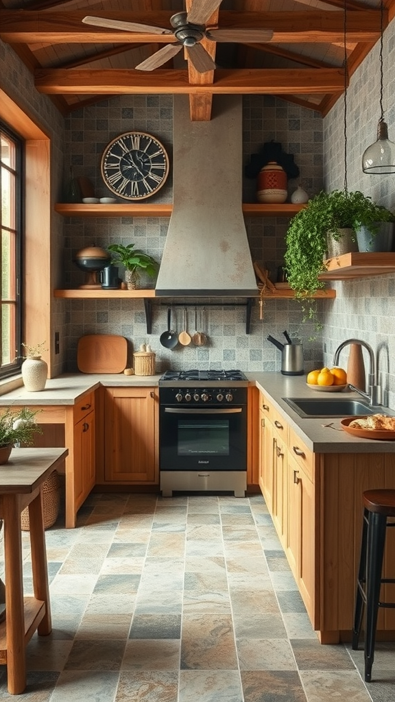 A rustic farmhouse kitchen featuring natural wood cabinets, stone countertops, and a cozy atmosphere.