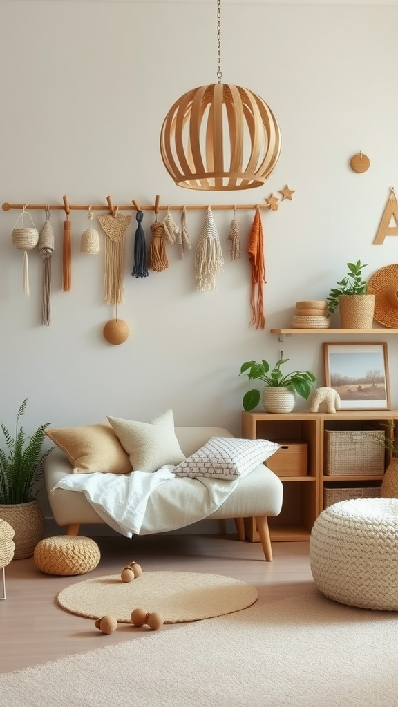 A cozy and stylish boho playroom featuring natural materials, soft textures, and earthy colors.