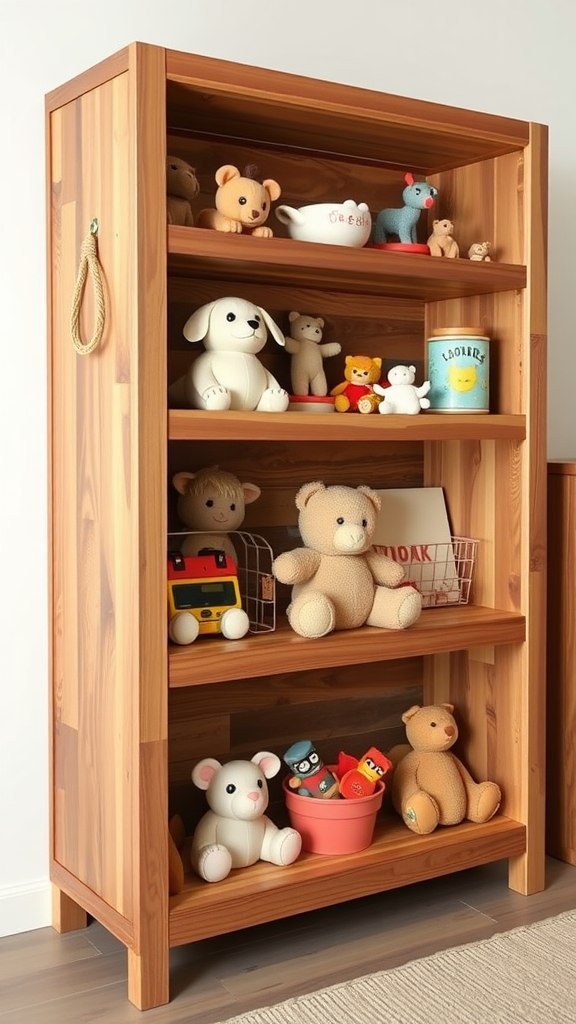 A wooden toy storage shelf filled with various soft toys and decorative items.