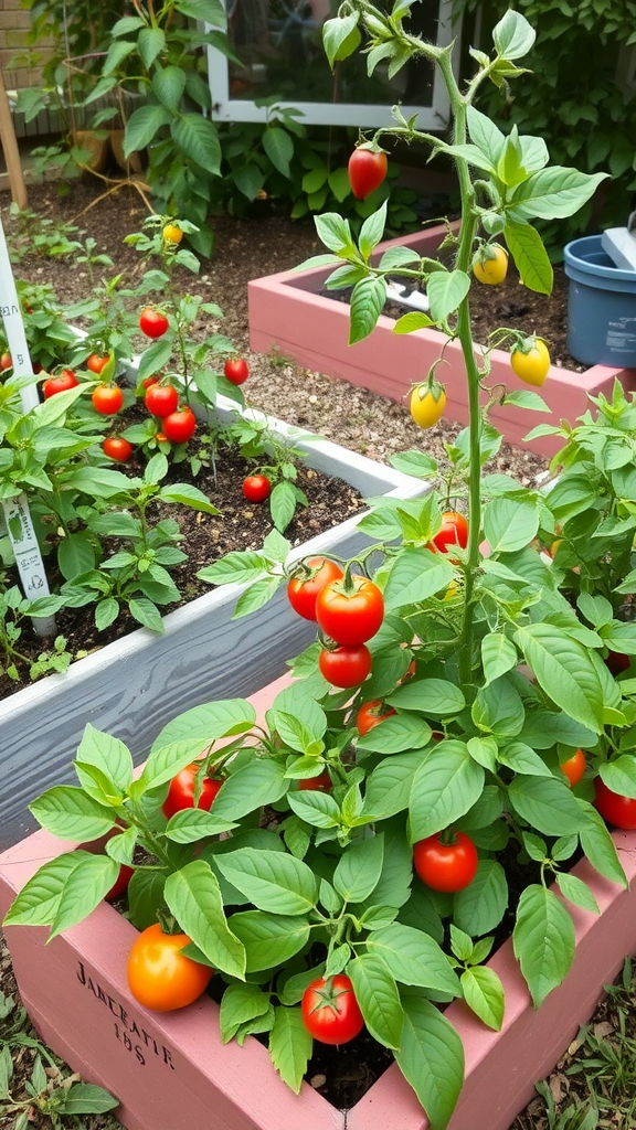 A small garden bed filled with colorful tomato plants, showcasing ripe red and yellow tomatoes.