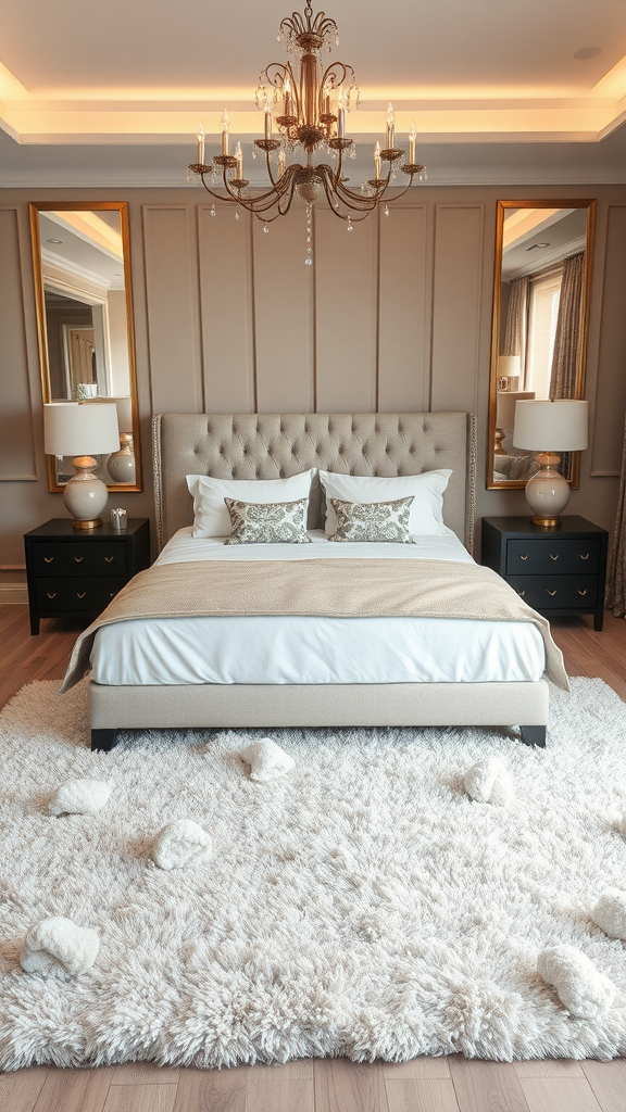 A luxurious master bedroom featuring a large, fluffy area rug.