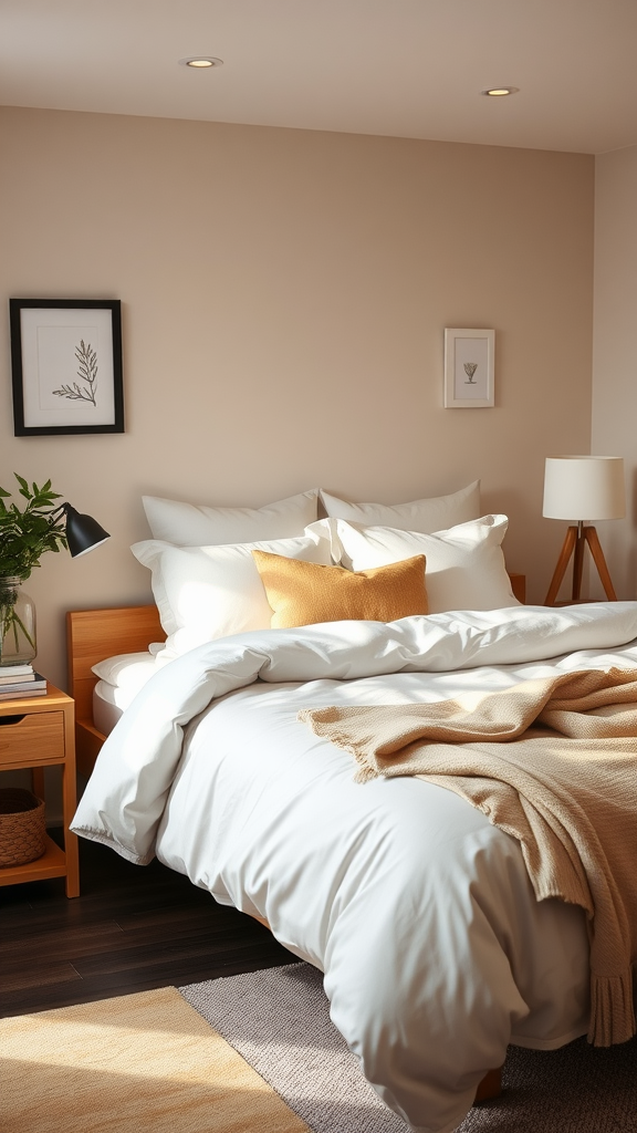 Cozy dorm room with elegant bedding, featuring soft white sheets and a warm throw blanket.