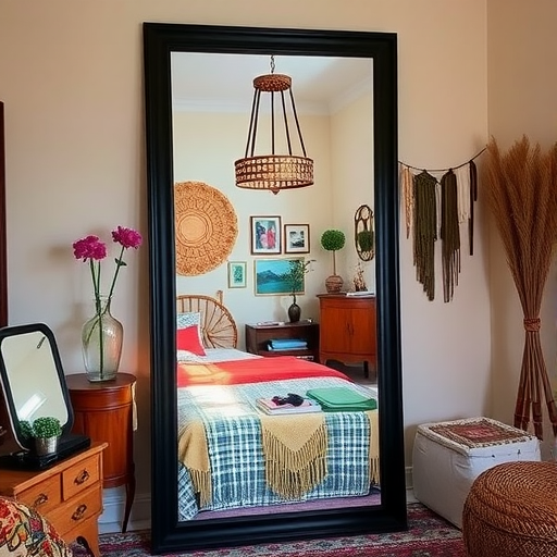 A stylish black framed mirror reflecting a cozy bedroom with colorful pillows and artwork.