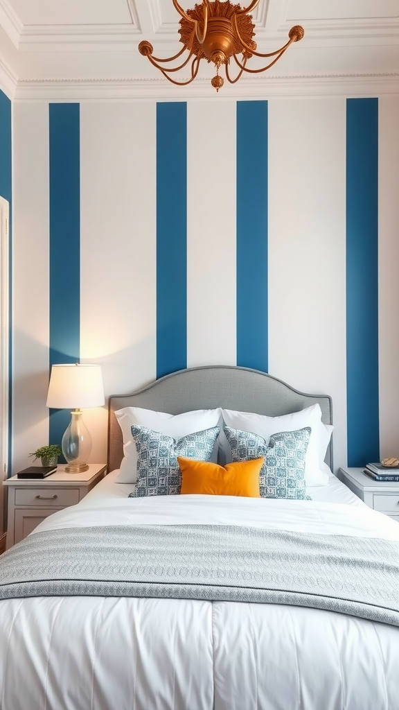 A cozy bedroom featuring blue and white striped walls, a gray upholstered bed with decorative pillows, and a stylish lamp.