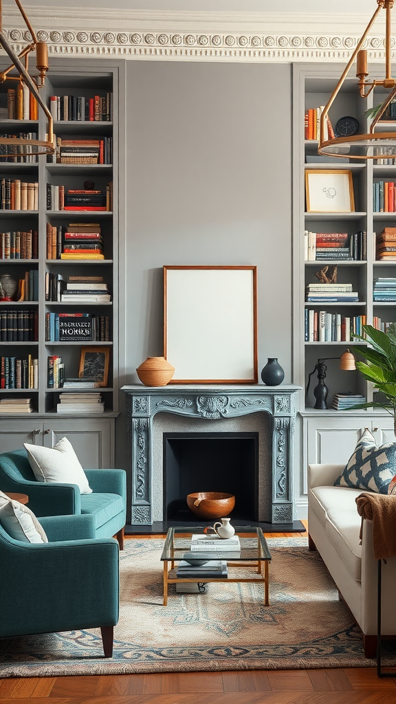 A stylish living room featuring elegant bookcases filled with books and decorative items.