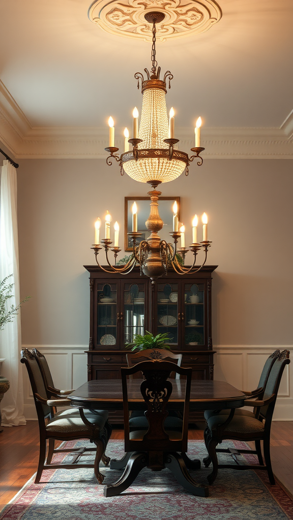 A beautiful candlelit chandelier hanging above a dining table in a southern home.