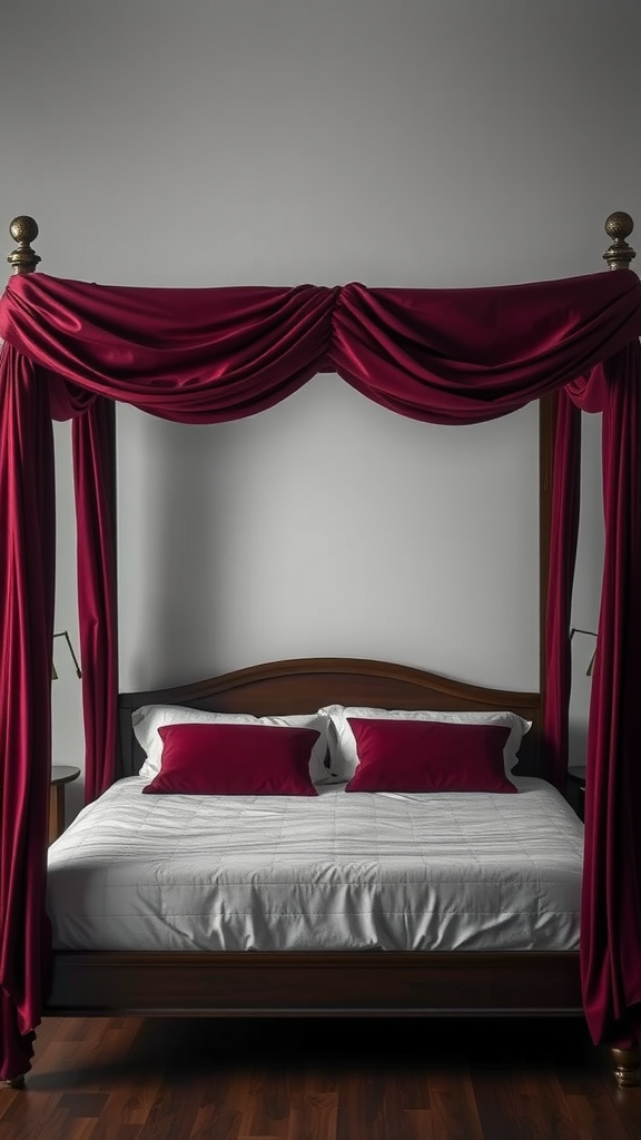 A luxurious burgundy canopy bed with draped fabric and white bedding.