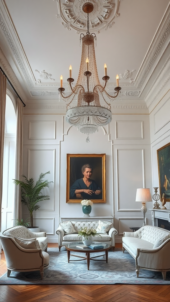 A beautifully decorated Parisian living room featuring an elegant chandelier.