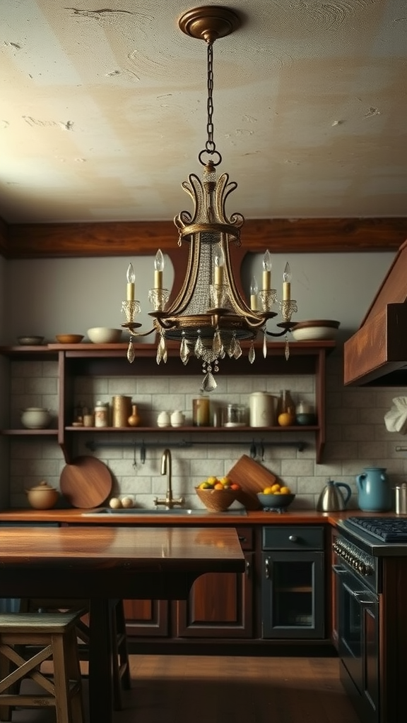 A vintage-style chandelier hanging from the ceiling in a rustic kitchen with wooden accents.