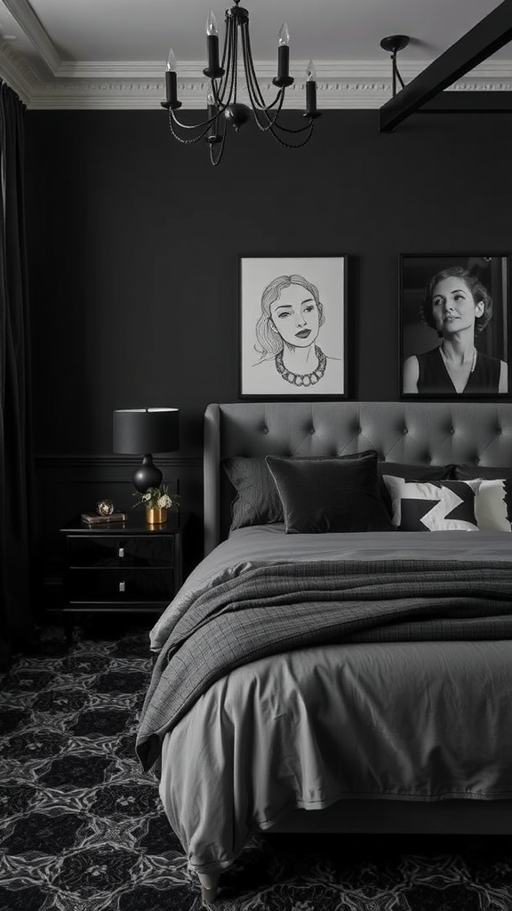 A stylish bedroom featuring dark walls, elegant decor, and gray bedding.