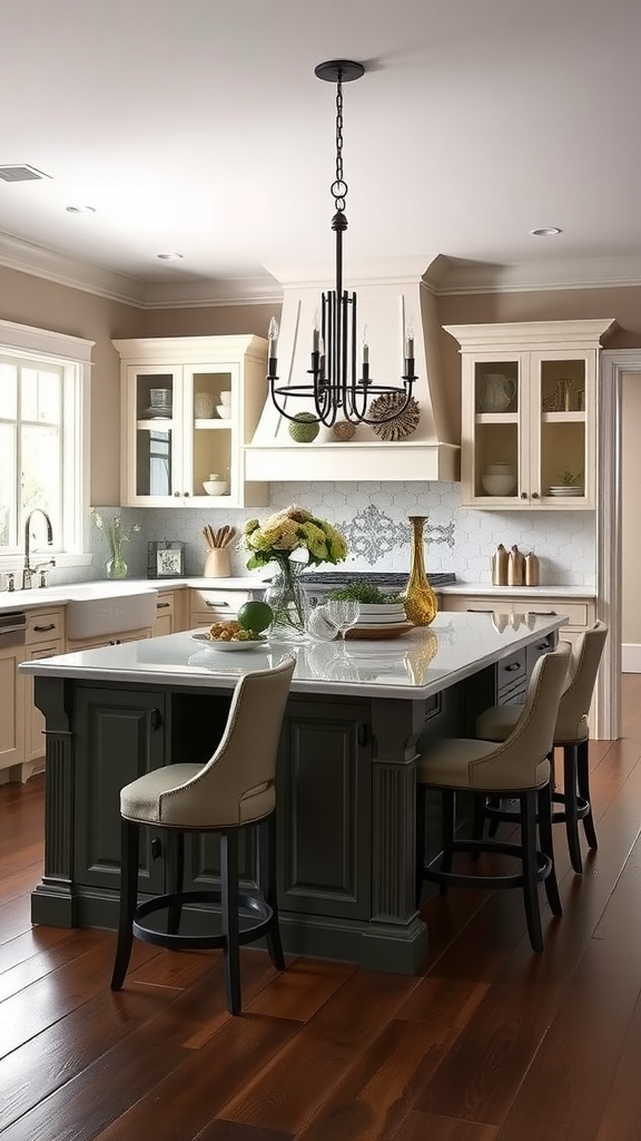 Elegant farmhouse kitchen with a dark island, light cabinetry, and a modern chandelier.