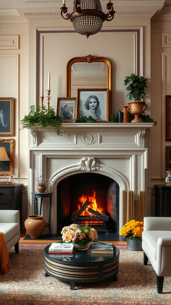 A beautifully styled fireplace in a Parisian living room featuring a classic mantle, family photos, candles, and greenery.