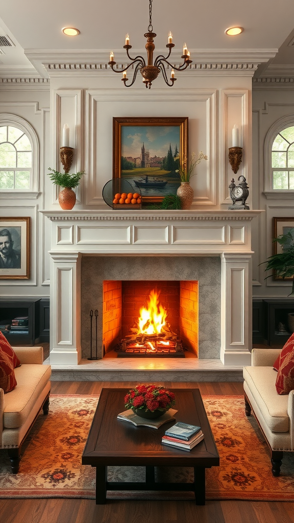 A cozy living room featuring an elegant fireplace, chandelier, and classic decor.