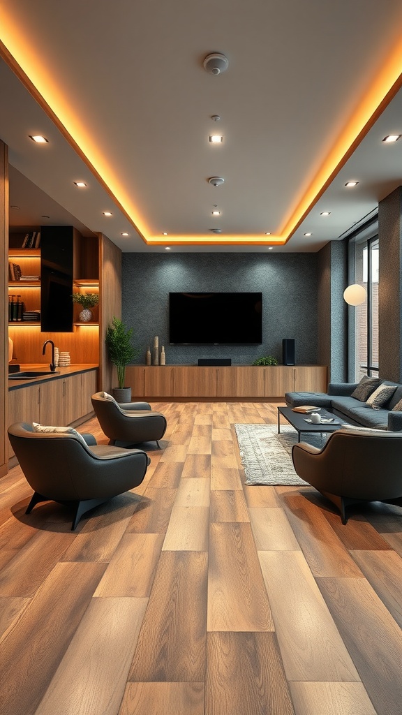 A modern man cave featuring stylish wooden flooring and elegant furniture.