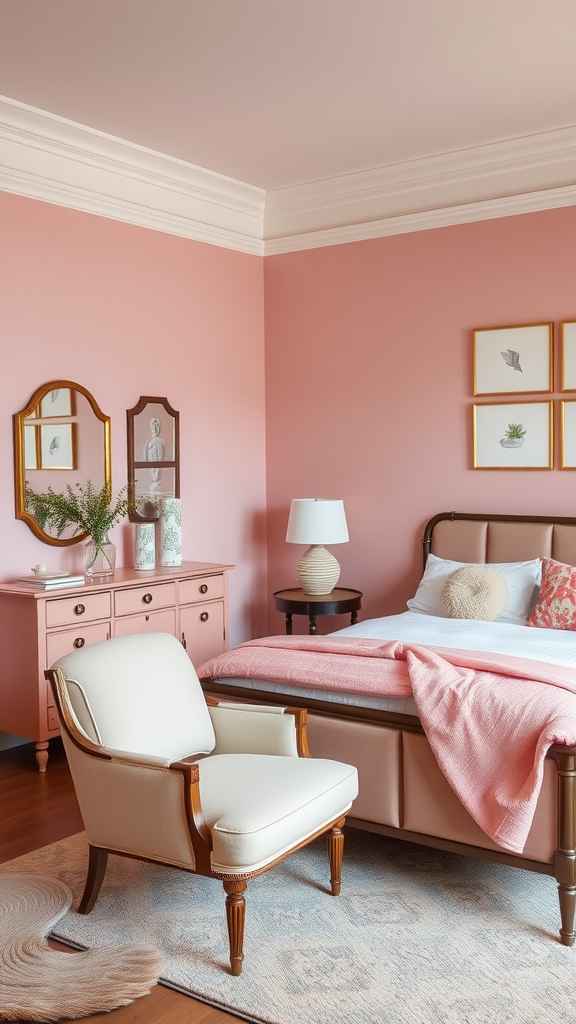 A cozy and stylish bedroom with pink walls, a plush chair, and elegant furniture.