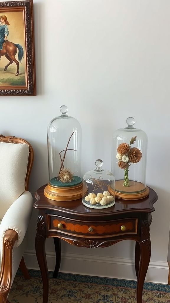 A vintage craft room decor featuring elegant glass domes displaying art pieces on a wooden table next to a cozy chair.