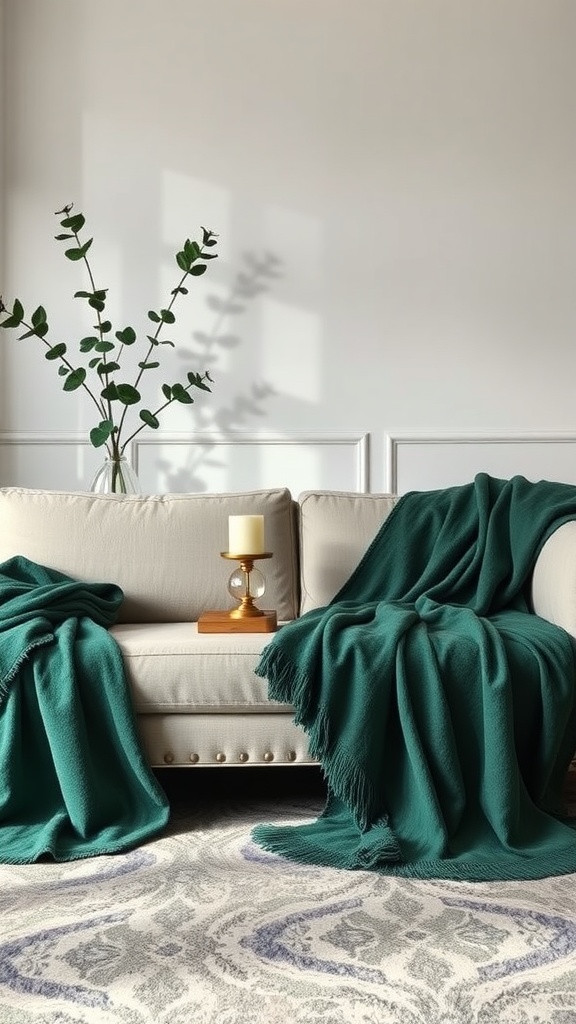 Elegant green throw blankets draped on a beige sofa in a stylish living room