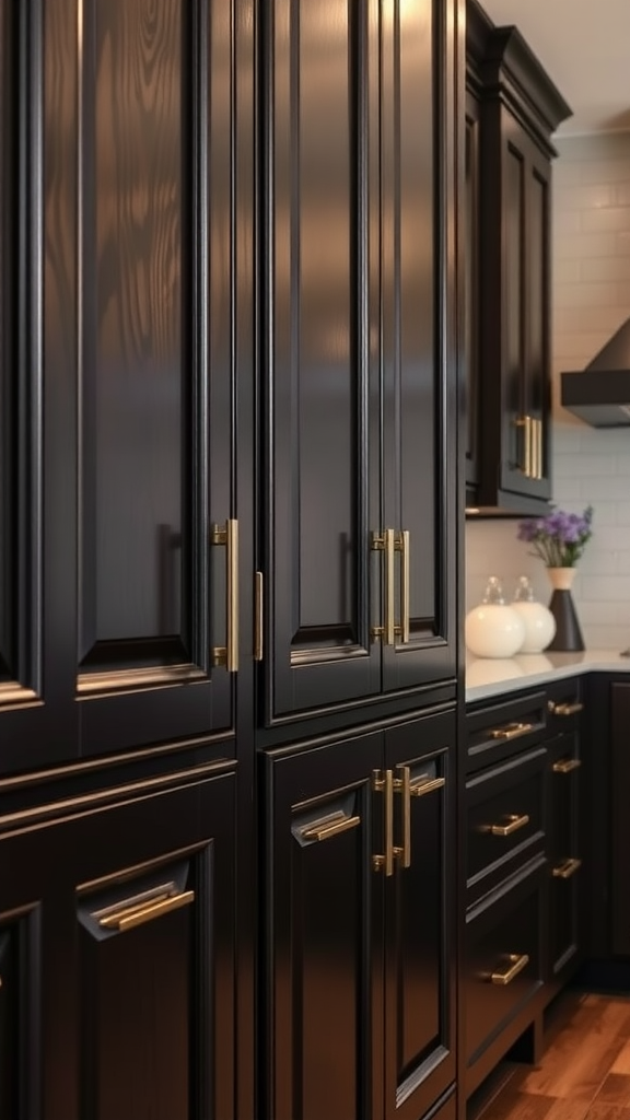 Modern espresso kitchen cabinets with stylish gold handles