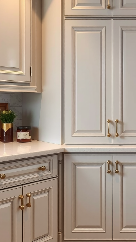 Light gray kitchen cabinets with gold hardware accents