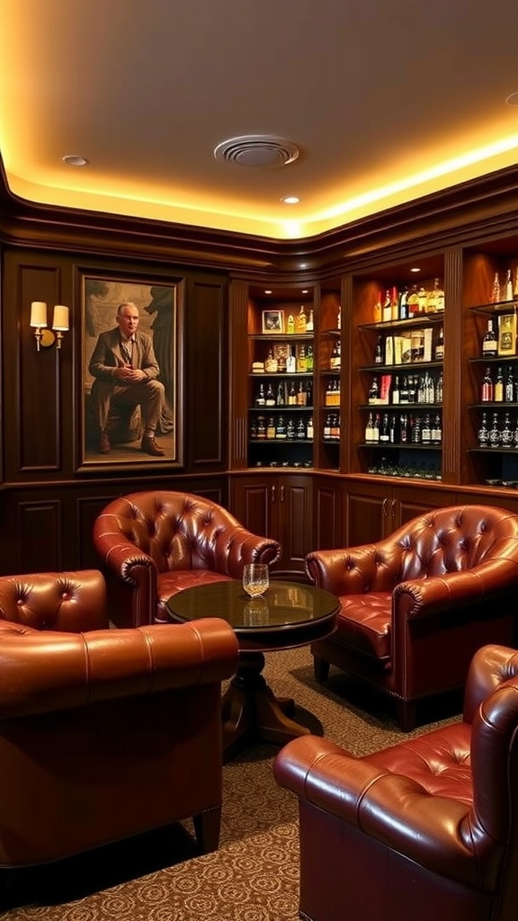 Cozy leather seating area with a round table and a well-stocked bar in the background.