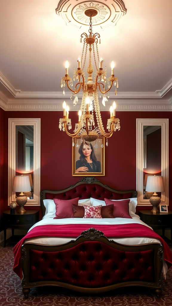 Luxurious burgundy bedroom with elegant chandelier and stylish table lamps