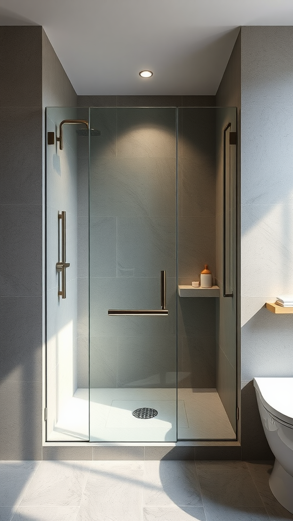 Stylish microcement shower enclosure with glass doors and gold fixtures