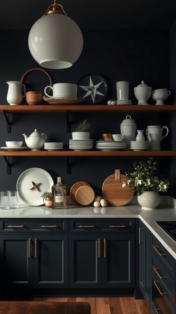 A dark kitchen featuring elegant open shelving with various decorative items and dishware.