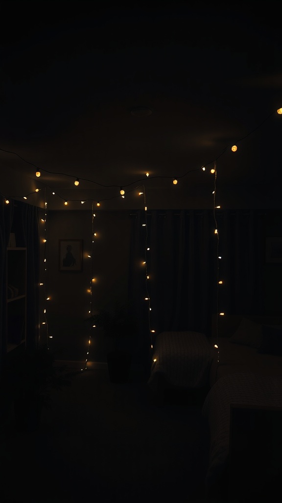 A dark dorm room with warm string lights hanging on the walls.