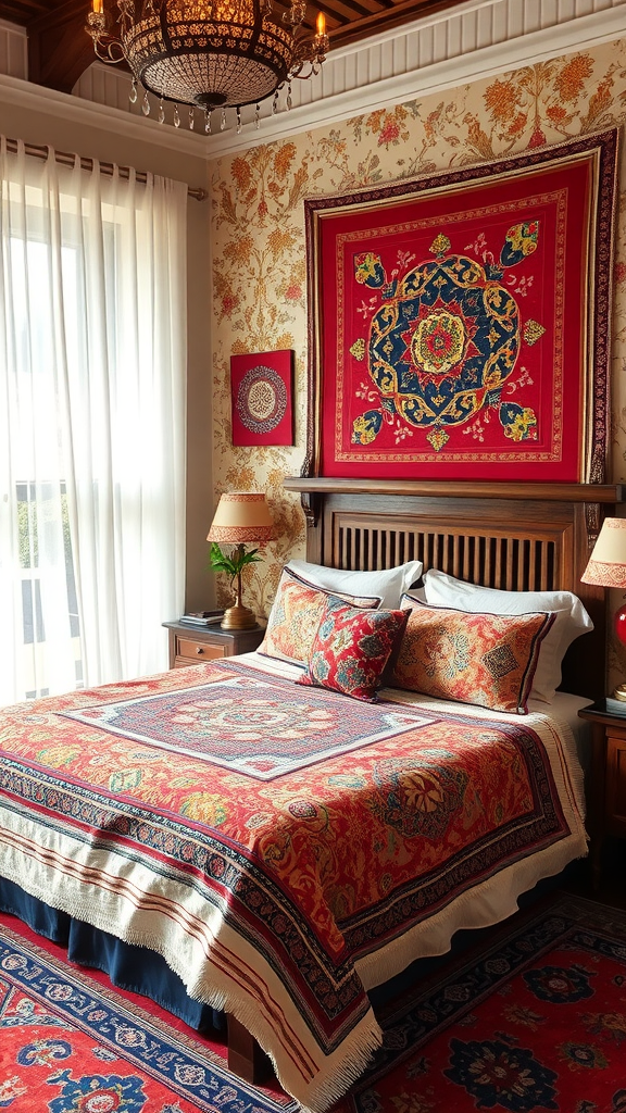 A beautifully decorated bedroom featuring a patterned bedspread, decorative pillows, and patterned wall art.