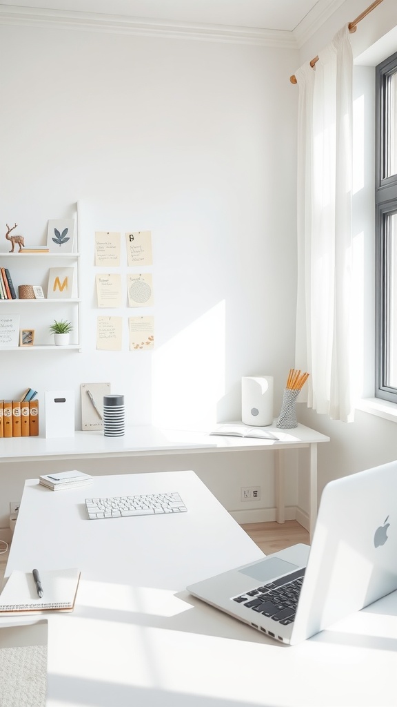 A minimalist white desk setup with a laptop, keyboard, and organized stationery in a bright room.