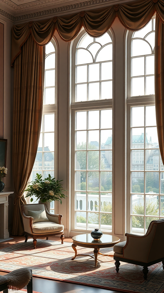 A luxurious living room with large windows adorned with elegant drapery.