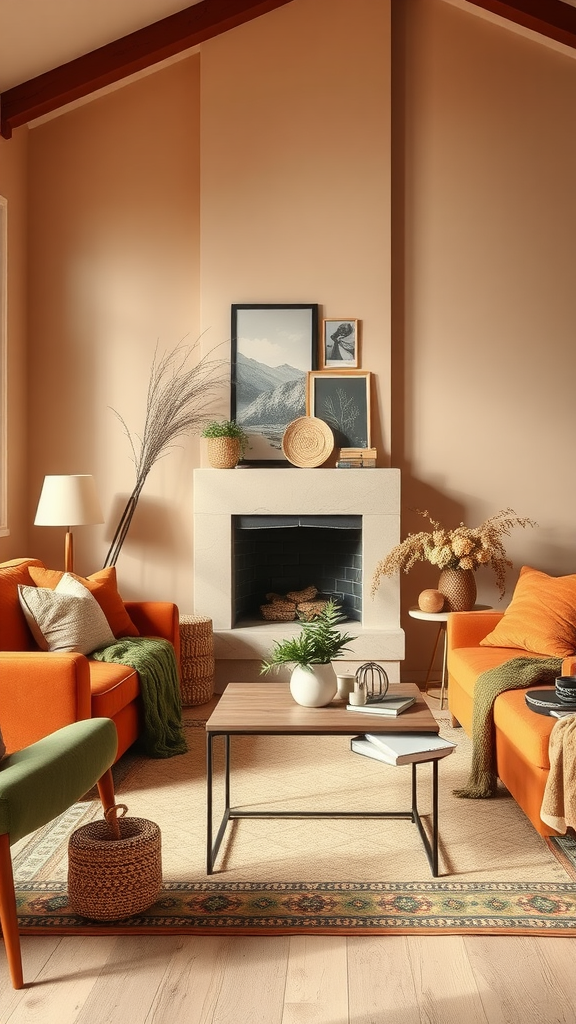 Cozy living room with earthy tones and warm colors, featuring orange and green furniture and natural decor.