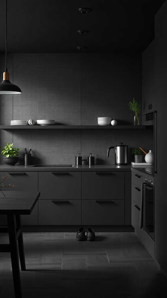 A modern dark kitchen featuring minimalistic design with shelves, a table, and some greenery.