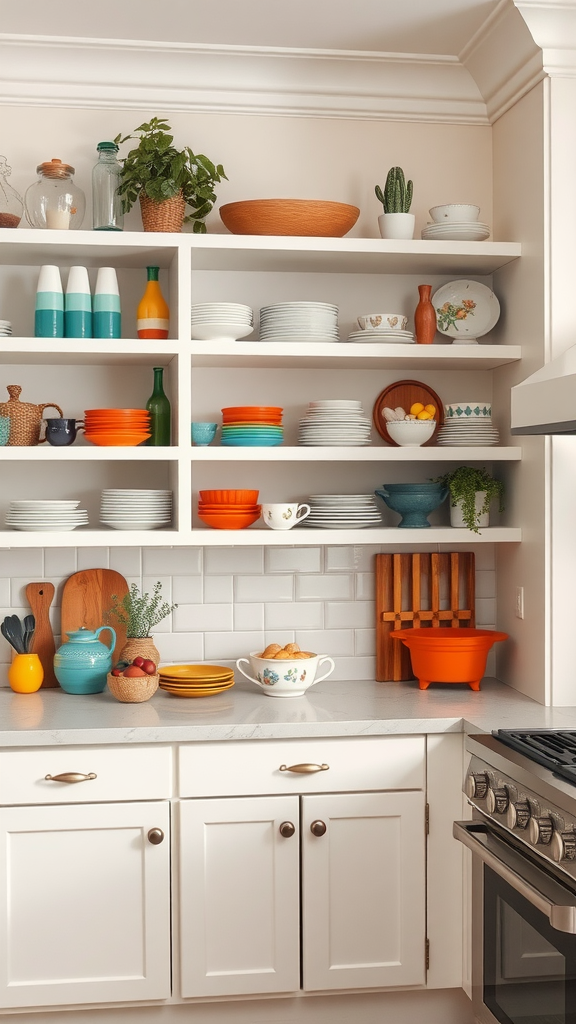 A modern kitchen featuring open shelving displaying colorful dishes and plants.