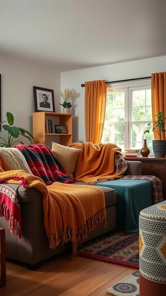 A cozy living room with colorful throws draped over a sofa, featuring warm tones and a welcoming atmosphere.