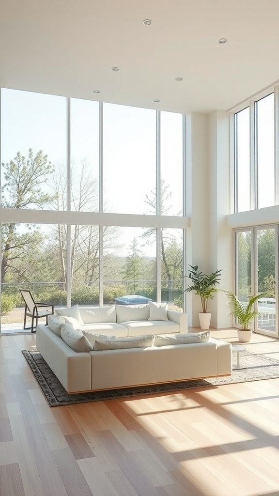 A bright and airy living room with large windows, a cozy white sofa, and greenery, emphasizing natural light.