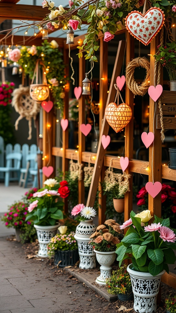 A cozy outdoor area decorated with flowers, heart-shaped ornaments, and fairy lights for a Valentine's Day theme.