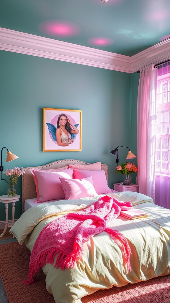 A cozy bedroom featuring green walls, pink bedding, and a bright atmosphere.