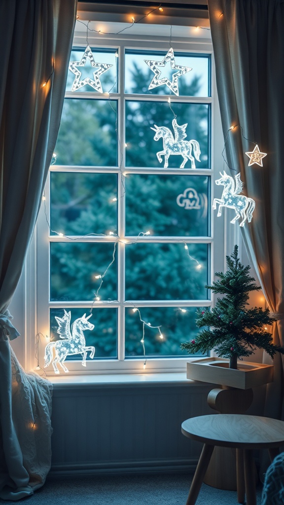 A cozy nursery window decorated with fairy lights and unicorn-themed decorations.