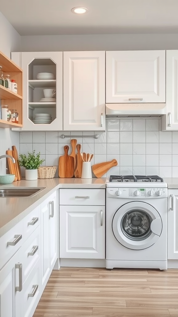 A modern kitchen with white cabinetry, a washing machine, and wooden utensils.