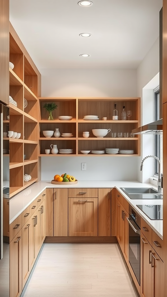 A narrow kitchen featuring open wooden shelving filled with dishes and glassware, creating a spacious and welcoming atmosphere.