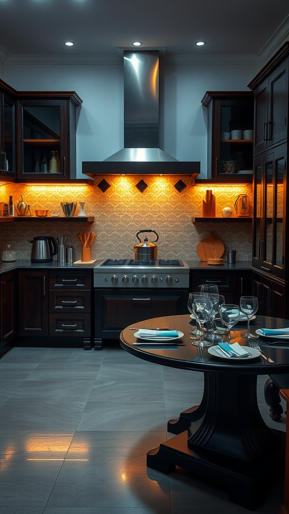 A modern kitchen featuring espresso finish furniture and warm lighting.