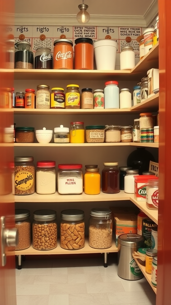 Interior view of a vintage pantry filled with jars and cans, showcasing a 1950s style.