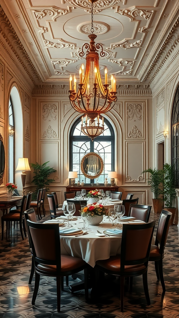 Elegant dining room featuring ornate ceiling details and a chandelier