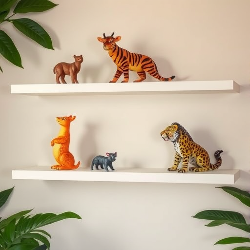 Colorful exotic animal figurines on white shelves against a neutral wall