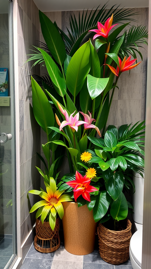 Tropical bathroom decor featuring large exotic plants and vibrant flowers.