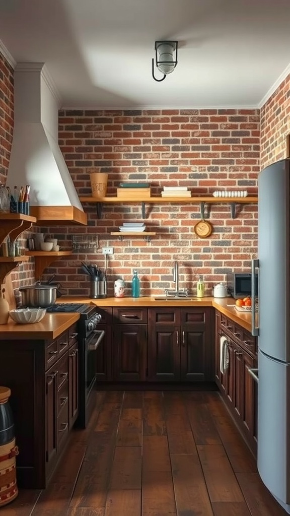 A kitchen featuring exposed brick walls, wooden shelves, and dark cabinets.