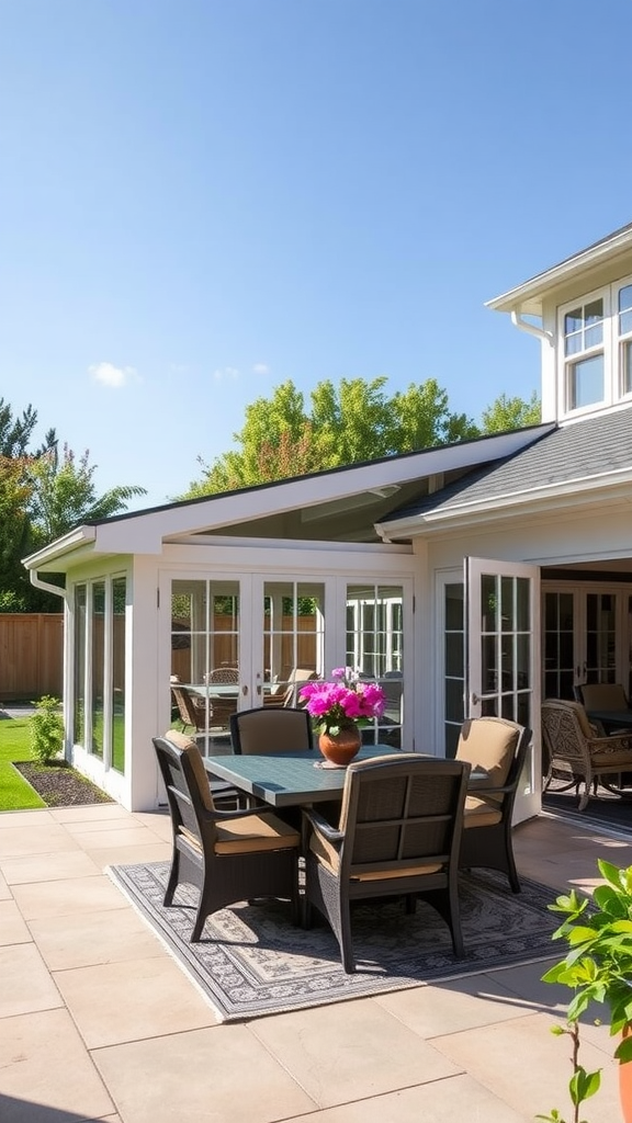 Bright sunroom extension with outdoor seating and flowers